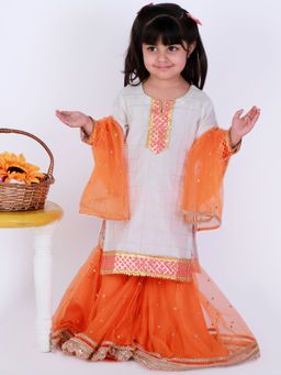 Tiny Pants - White And Orange Chanderi Sharara (Set of 3)