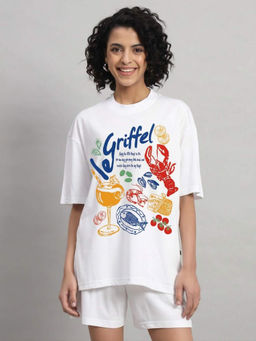 Griffel - White Cotton Half Sleeves Oversized Printed T-shirt