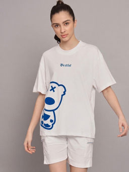 Griffel - White Cotton Half Sleeves Oversized Printed T-shirt