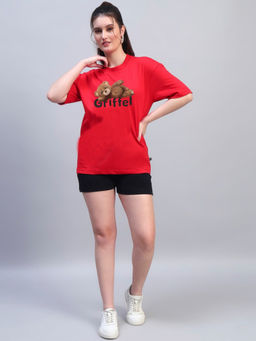 Griffel - Red Cotton Half Sleeves Oversized Graphic T-shirt