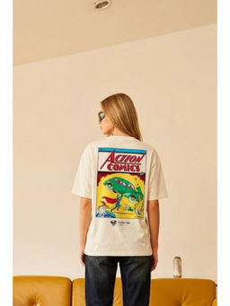 Bonkers Corner - Cream Cotton Half Sleeves Oversized Graphic T-shirt