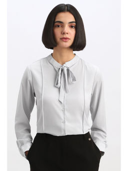 Allen Solly - Grey Polyester Full Sleeves Tie Up Neck Solid Shirt