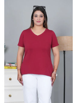 MLADA - Wine Cotton Lycra Half Sleeves Regular Solid T-shirt