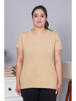 MLADA - Beige Cotton Lycra Half Sleeves Regular Solid T-shirt
