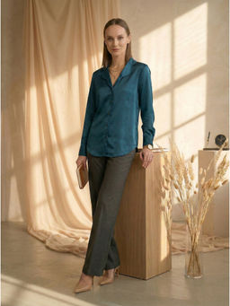 MISH - Teal Satin Full Sleeves Notched Lapel Solid Shirt