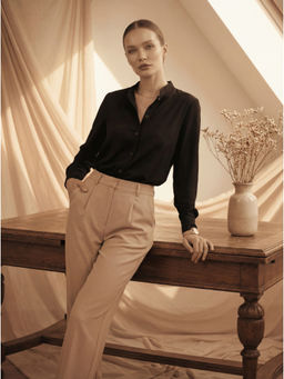 MISH - Black Polyester Full Sleeves Mandarin Neck Solid Shirt