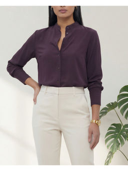 MISH - Wine Polyester Full Sleeves Mandarin Neck Solid Shirt