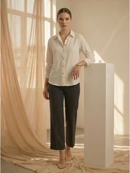 MISH - Cream Polyester Full Sleeves Collar Neck Textured Shirt