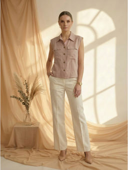 MISH - Pink Linen Blend Sleeveless Collar Neck Solid Shirt