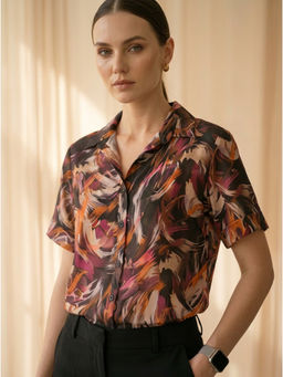 MISH - Black Polyester Half Sleeves Collar Neck Abstract Shirt
