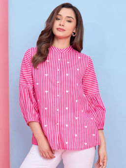ZUMMER - Pink Cotton Three Fourth Sleeves Mandarin Neck Stripes Shirt