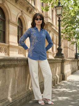 ZUMMER - Blue Cotton Full Sleeves Collar Neck Self Design Shirt