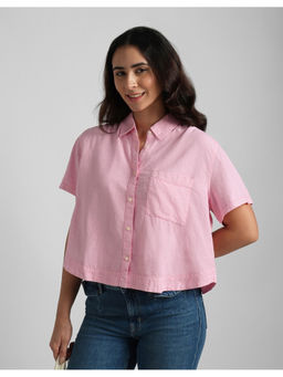 American Eagle - Pink Linen Blend Half Sleeves Collar Neck Solid Shirt