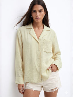 Outzidr - Yellow Polyester Full Sleeves Collar Neck Embroidered Shirt