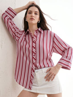 Outzidr - Red Polyester Full Sleeves Collar Neck Stripes Shirt