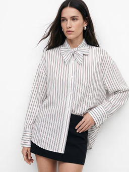 Outzidr - Off White Polyester Full Sleeves Tie Up Neck Stripes Shirt
