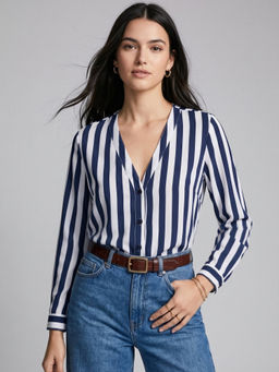 Outzidr - Blue Polyester Full Sleeves V-Neck Stripes Top