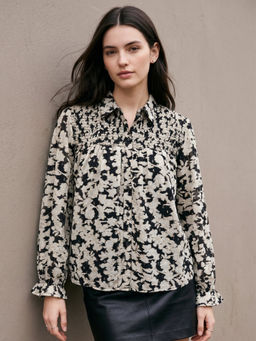 Outzidr - Cream Polyester Full Sleeves Collar Neck Printed Shirt