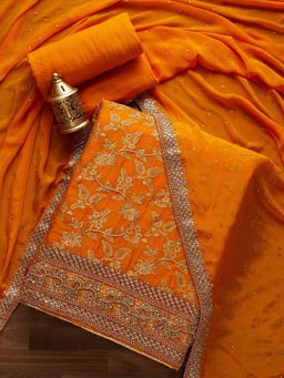 Koskii - Yellow Zariwork Chanderi Designer Unstitched Salwar Suit (Set of Three)