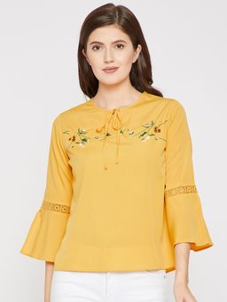 RARE - Women Mustard Solid Top Embroidery