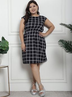 theRebelinme - Plus Size Women's Black Checked Printed Woven a Line Crepe Dress