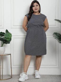 theRebelinme - Plus Size Women's Black Geometric Printed Woven a Line Crepe Dress