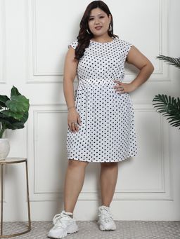 theRebelinme - Plus Size Women's White big polka dot Printed Woven a Line Crepe Dress