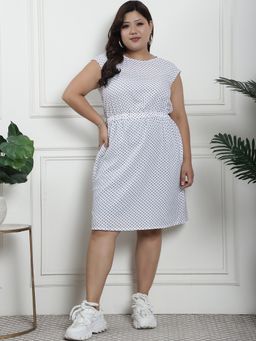 theRebelinme - Plus Size Women's White small polka dot Printed Woven a Line Crepe Dress