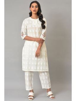 W - Women Blue Festive Floral Print Rayon Kurta With Tight