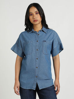 Lee - Women Blue Solid Front Pocket Relaxed Fit Shirt