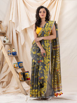 Angoshobha - Traditional Deep Grey & Yellow Soft Dhakai Creeper Jamdani Saree with Unstitched Blouse
