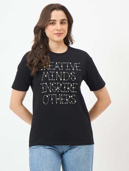 Madame - Black Embellished Sequined T-Shirt