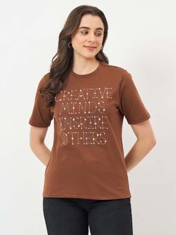 Madame - Brown Embellished Sequined T-Shirt