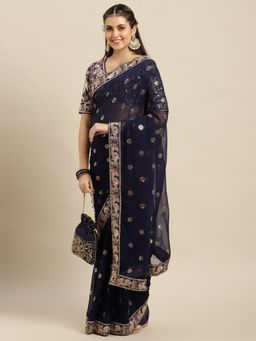 VAIRAGEE - Navy Blue & Golden Ethnic Motifs Georgette Saree with Unstitched Blouse
