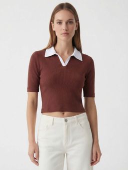 Cover Story - Women Oxford London Brown Collar Neck Crop Top