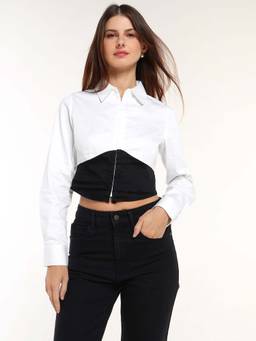 Cover Story - Women White and Black Colorblock Siren Crop Shirt
