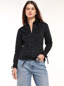 Cover Story - Women Csy Black Solid Tie-Up Shirt