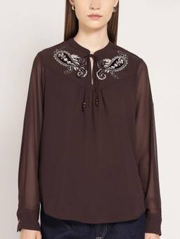 Cover Story - Women Brown Bohemian Embroidered Top