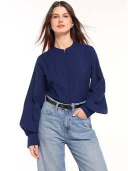 Cover Story - Women Navy Blue Self Design Cutwork Top