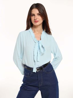 Cover Story - Women Blue Solid Front Tie-Up Top