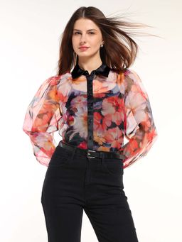 Cover Story - Women Multi-Color Floral Printed Organza Shirt