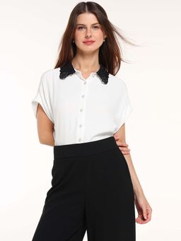 Cover Story - Women White Front Button Half Sleeves Shirt