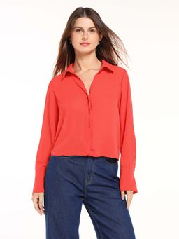 Cover Story - Women Red Solid Full Sleeves Crop Shirt