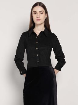 Cover Story - Women Black Buttoned Solid Suede Shirt