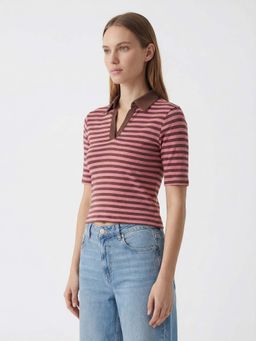 Cover Story - Women Sloane Pink-Brown Stripes Crop Polo T-shirt