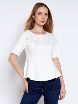 Cover Story - Women White Corsage Rose Pearl Detail Top