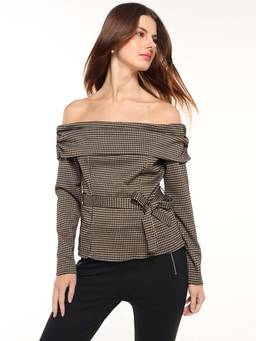 Cover Story - Women Grey-Black Bandeau Off Shoulder Top with Belt