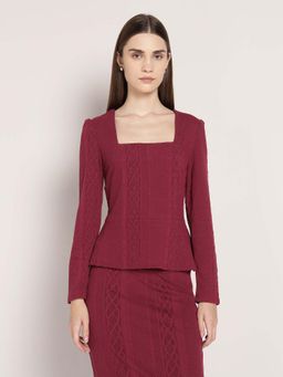 Cover Story - Women Wine Self Design Peplum Top