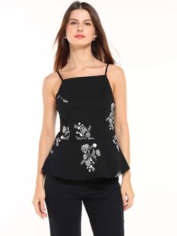 Cover Story - Women London Shadowed Black Floral Embroidered Top