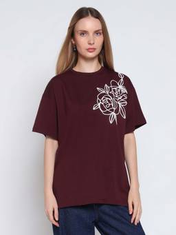Cover Story - Women Burgundy Embroidered T-shirt